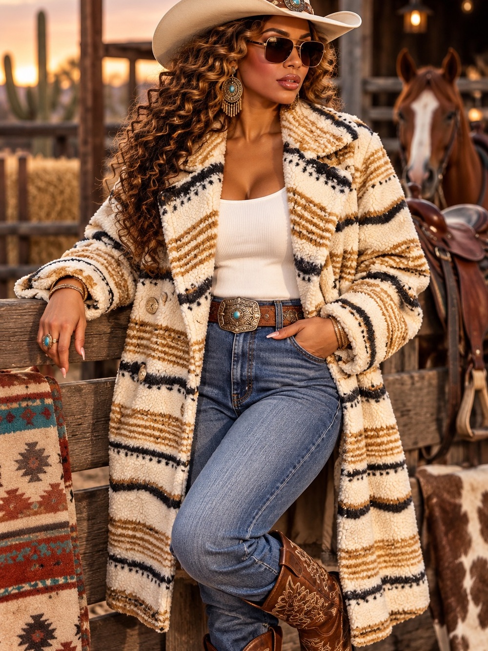 Brand New Torrid Aztec Cream & Tan Striped Teddy Coat